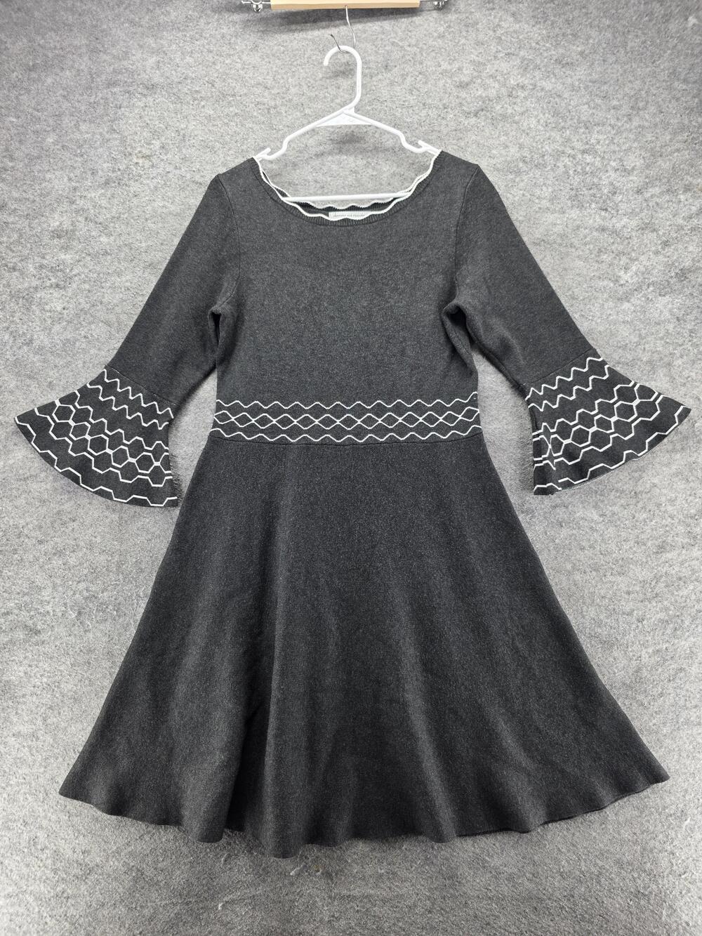 Danny & Nicole Dress Womens L Gray Fit & Flare Knee 3/4 Bell Sleeve Embroidered